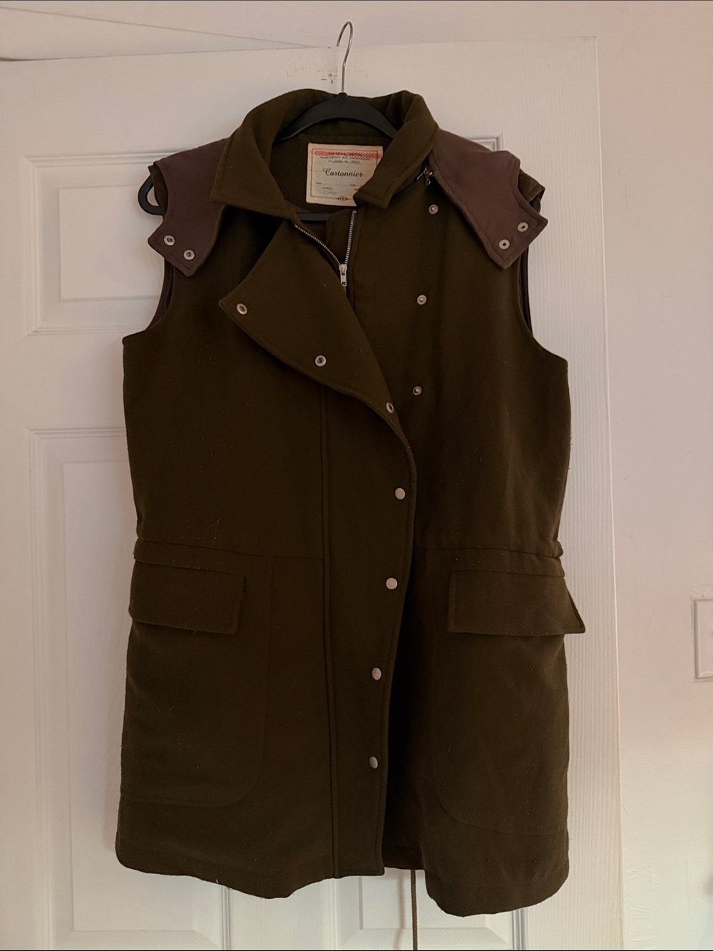 Anthropologie Olive Green Sleeveless Utility Vest with Brown Accents